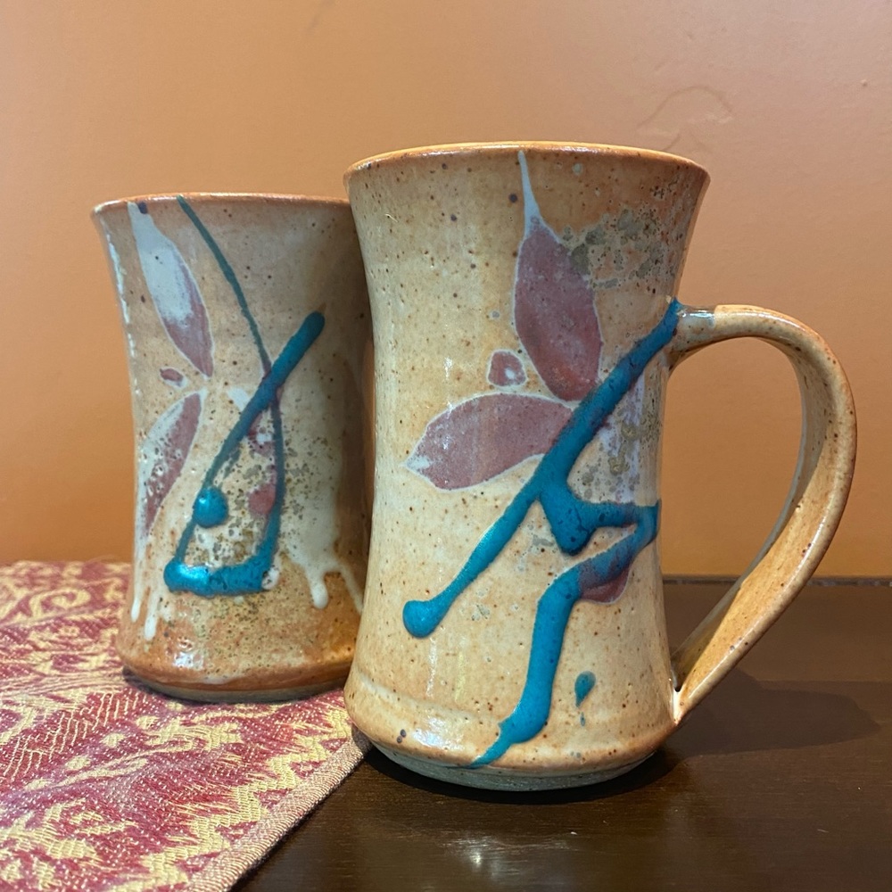 1980s Handmade Iris Stonewear Mug Set